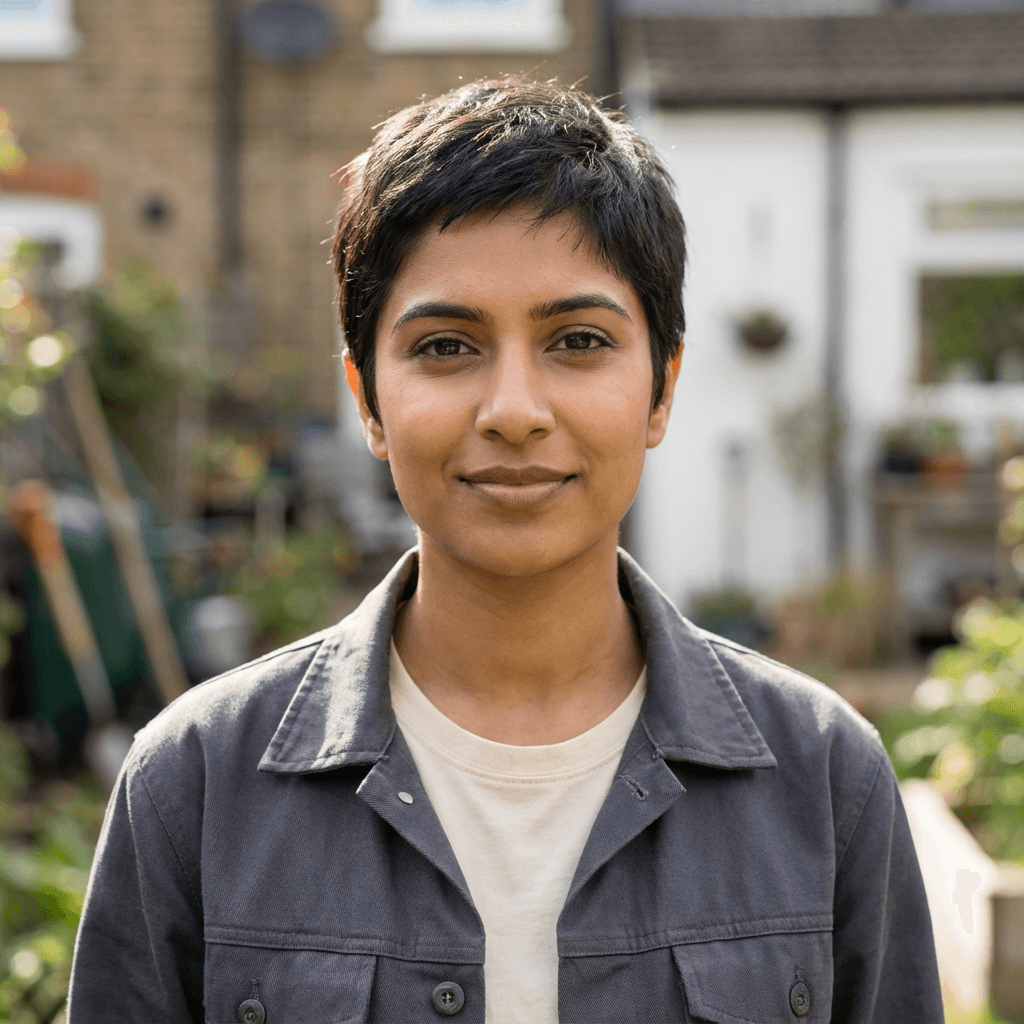 Priya Patel, a busy parent, in a bright kitchen with her family