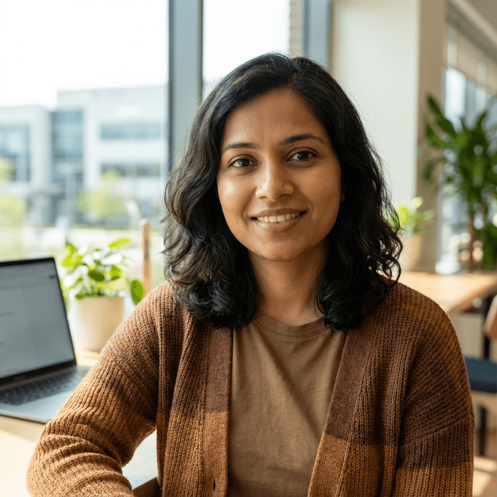 Priya Sharma smiling in a bright home kitchen