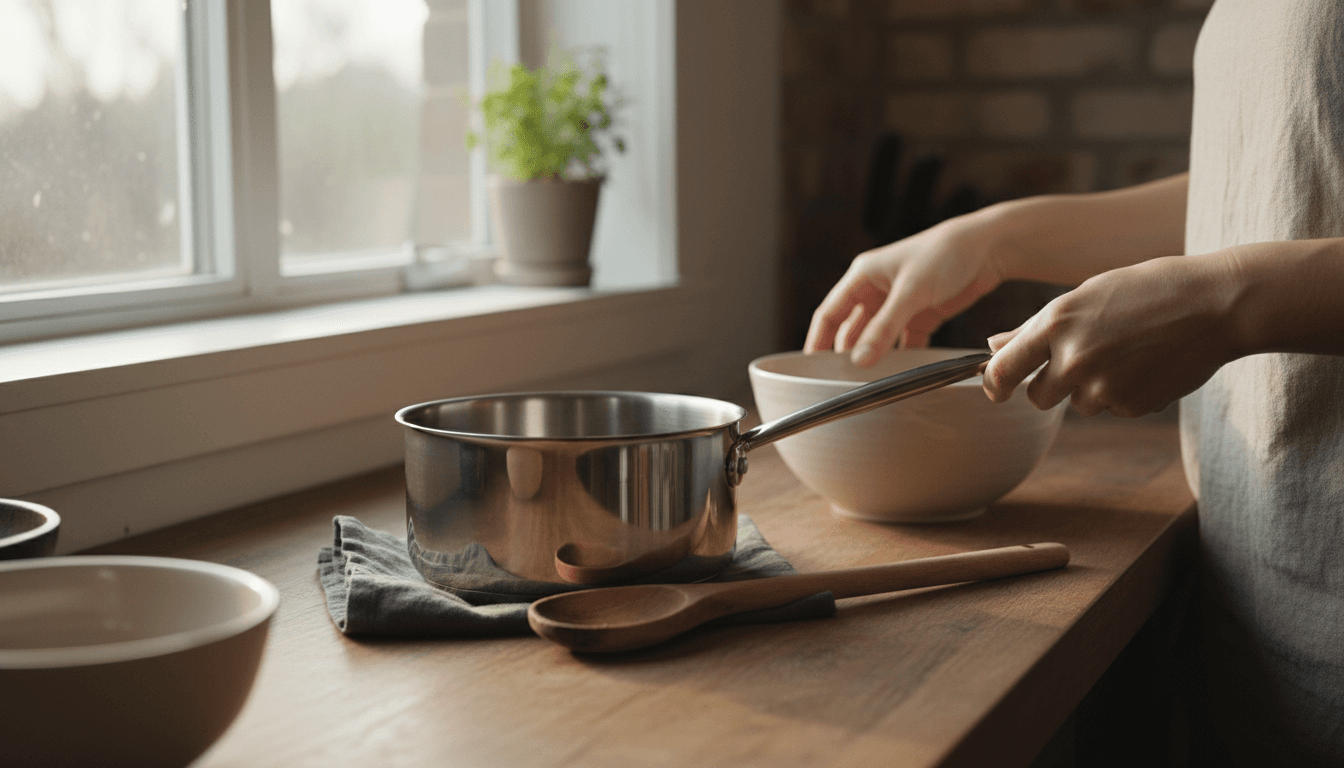 Curated kitchen tools arranged on a wooden countertop