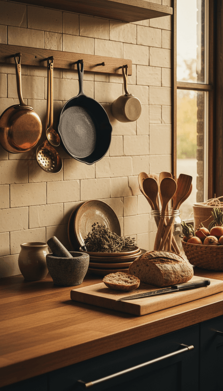 A neatly arranged selection of kitchen tools and cookware on a wooden counter