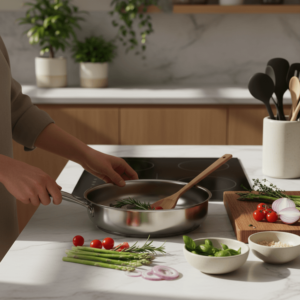 Arranged kitchen essentials including pans and wooden utensils on a countertop