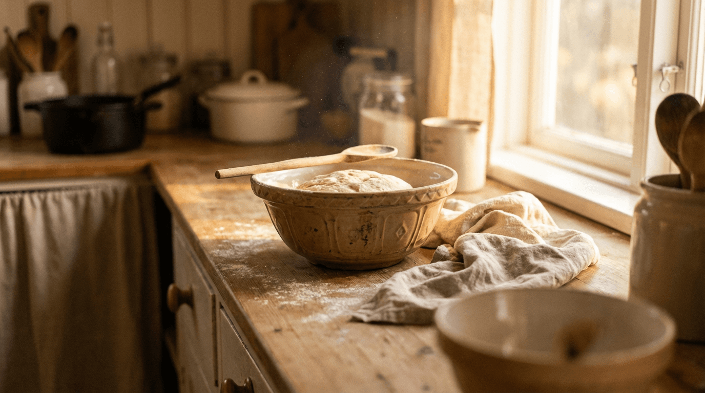 Hands caring for a cast iron skillet in a warm kitchen