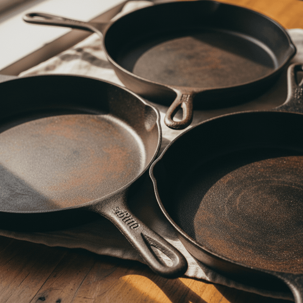 Hands pouring batter into a cast iron skillet