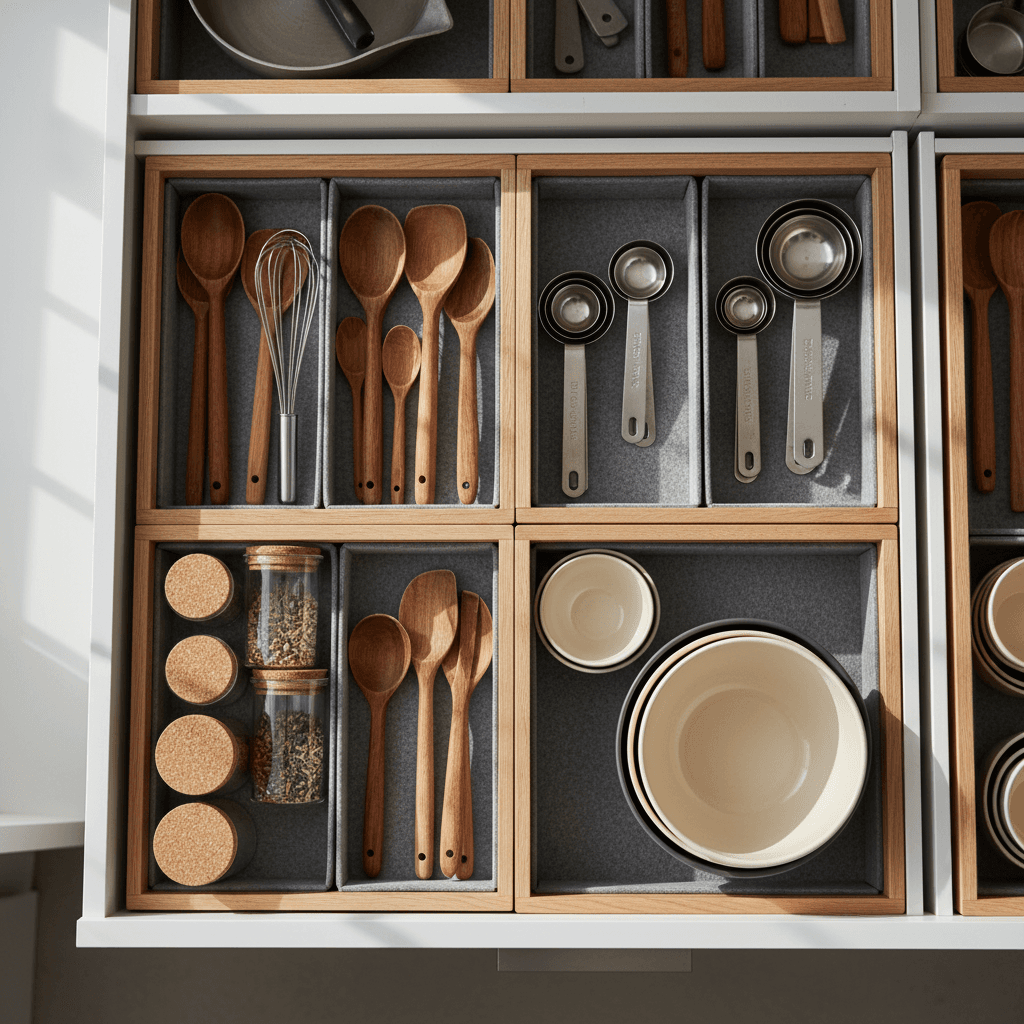 Drawer with organized kitchen utensils